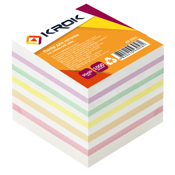 Блок паперу для нотаток 90х90мм., 1000 арк., не клеєний, мікс Krok